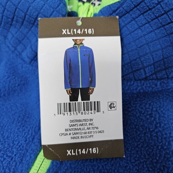 NWT Land’s End Kids XL 14-16 Full Zip Fleece Blue Neon Trim Waffle Weave Jacket - Picture 2 of 7
